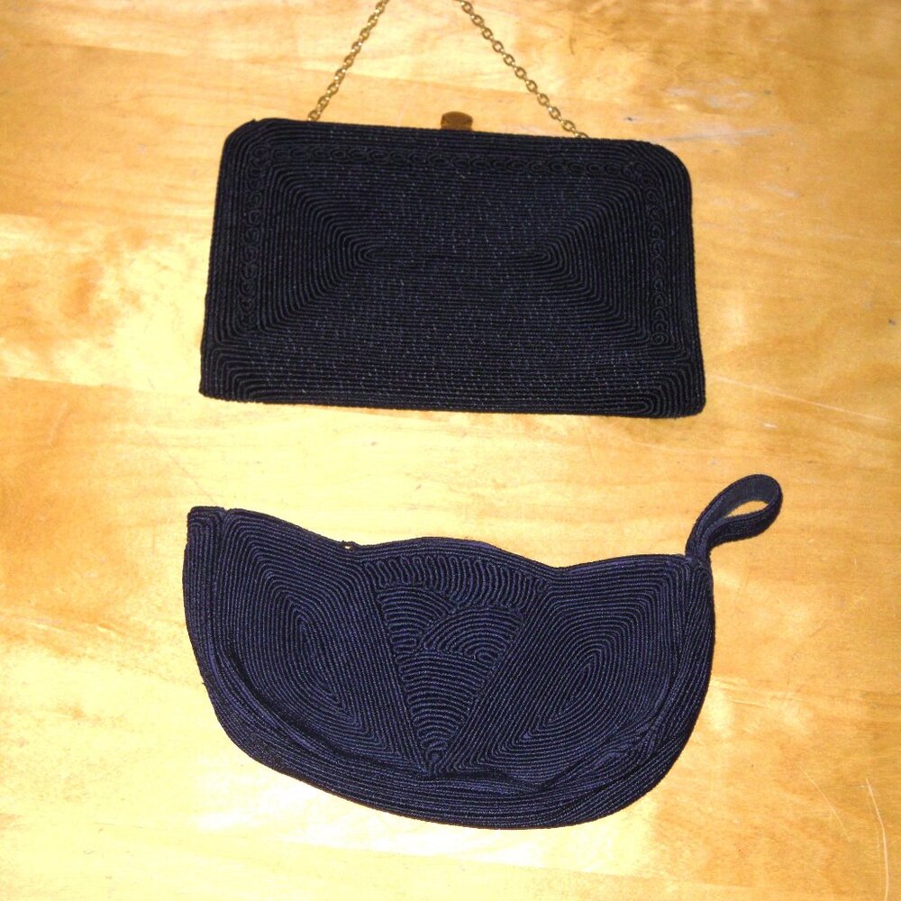 2 Vintage Corde Cord Evening Handbags Bag Purse Clutch Black & Navy Blue